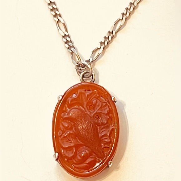 14K White Gold Hand Carved Carnelian Hummingbird Cameo Pendant 925 Silver Chain